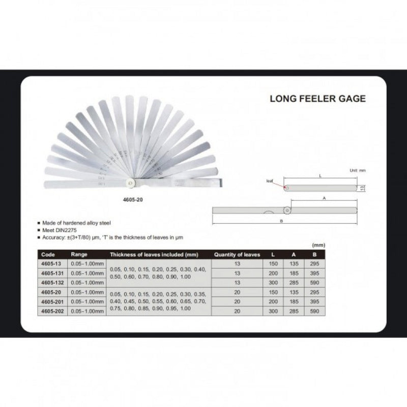 Insize Long Metric Feeler Gauge (.05 - 1.00mm x .05mm) 285mm x 20 Leaves