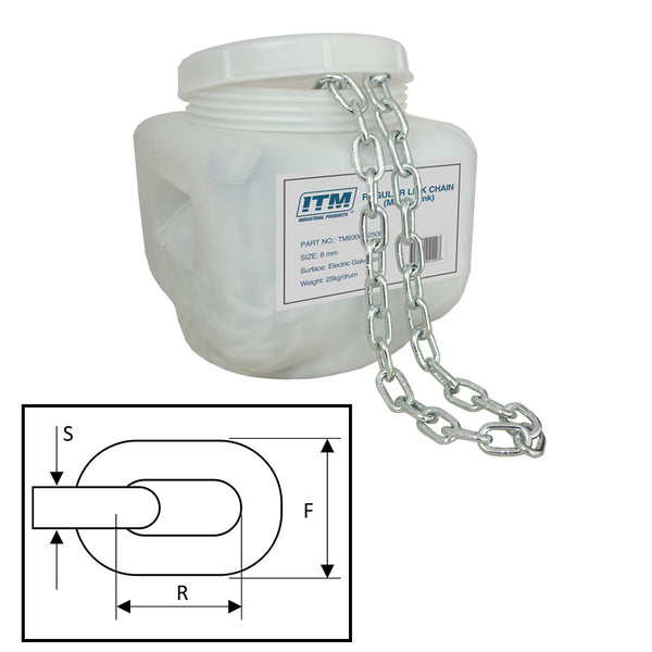 ITM Regular Link Chain-Electric Galv-25kg Drum-8mm Body