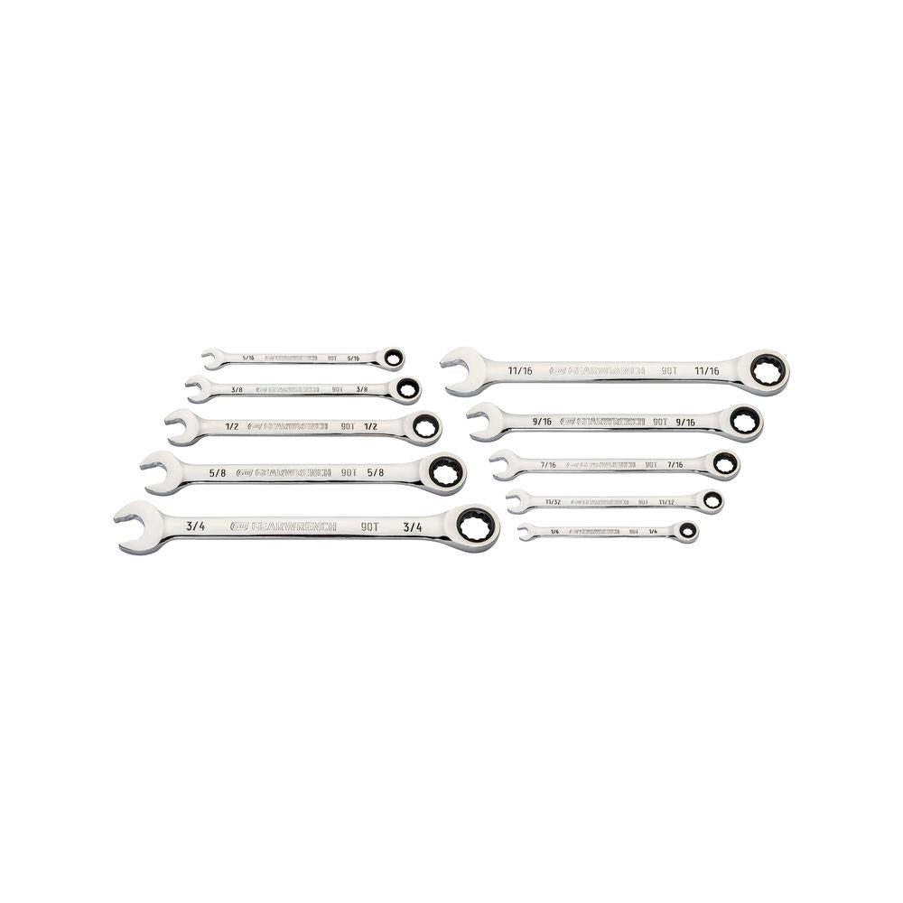 GEARWRENCH 10 Pc 90 Tooth Combination Ratcheting Wrench Set - SAE