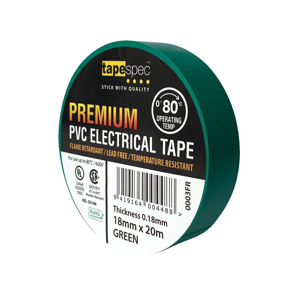 0003FR Green Premium PVC Electrical Tape 18mmx20m - MOQ - 10 Pack
