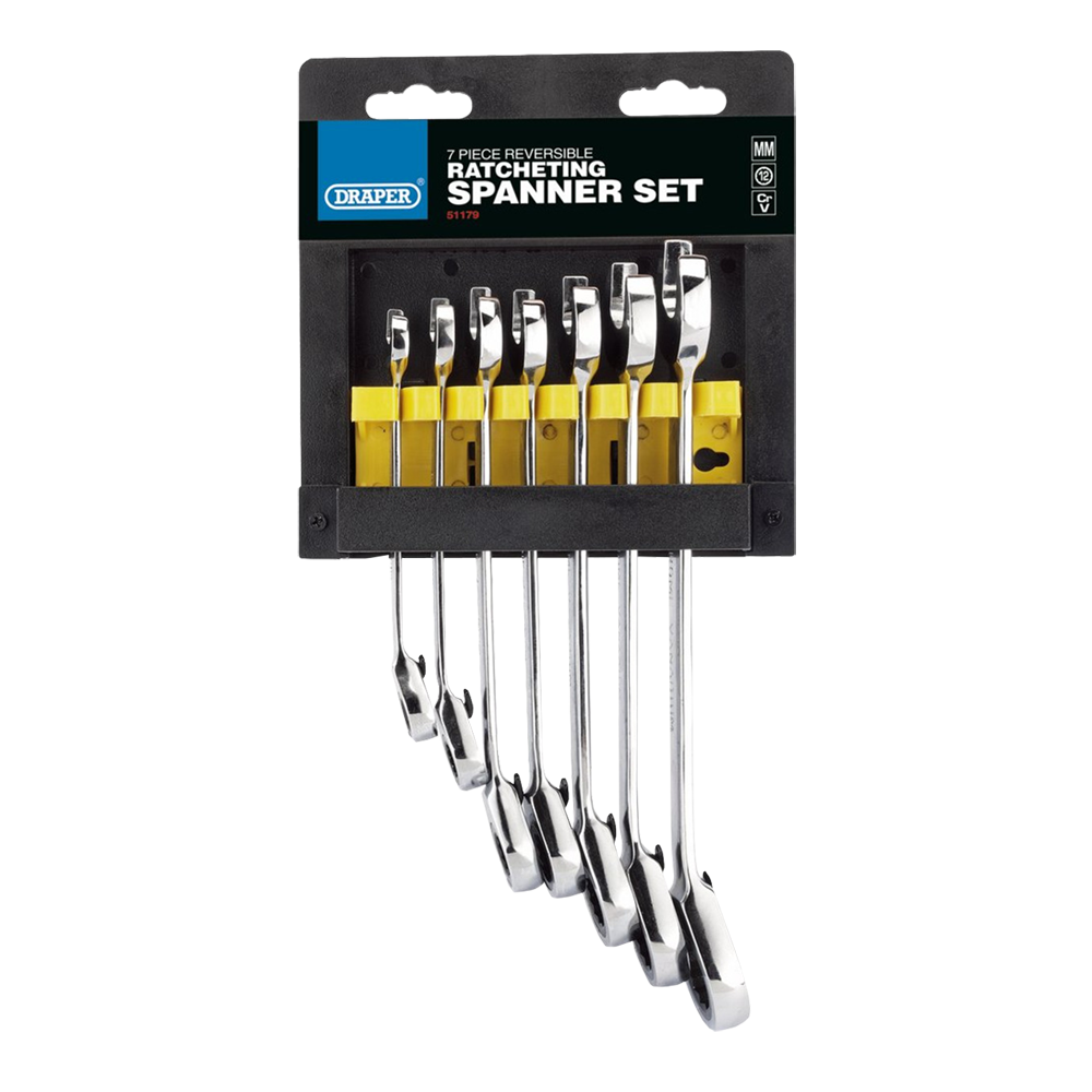 DRAPER Reversible Ratching Combination Spanner Set - 7 Pack