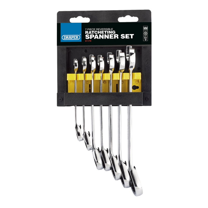 DRAPER Reversible Ratching Combination Spanner Set - 7 Pack