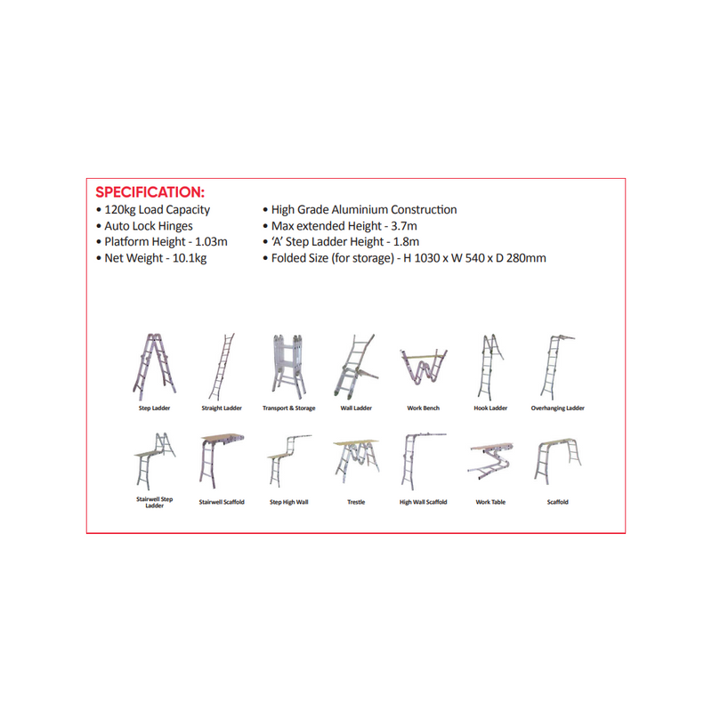 3.7M Multifold Aluminium Ladder 120Kg Cap.