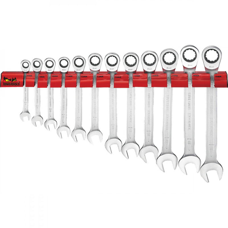 Teng 12Pc Ratchet Comb Span Set 8-19mm W/Wall Rack