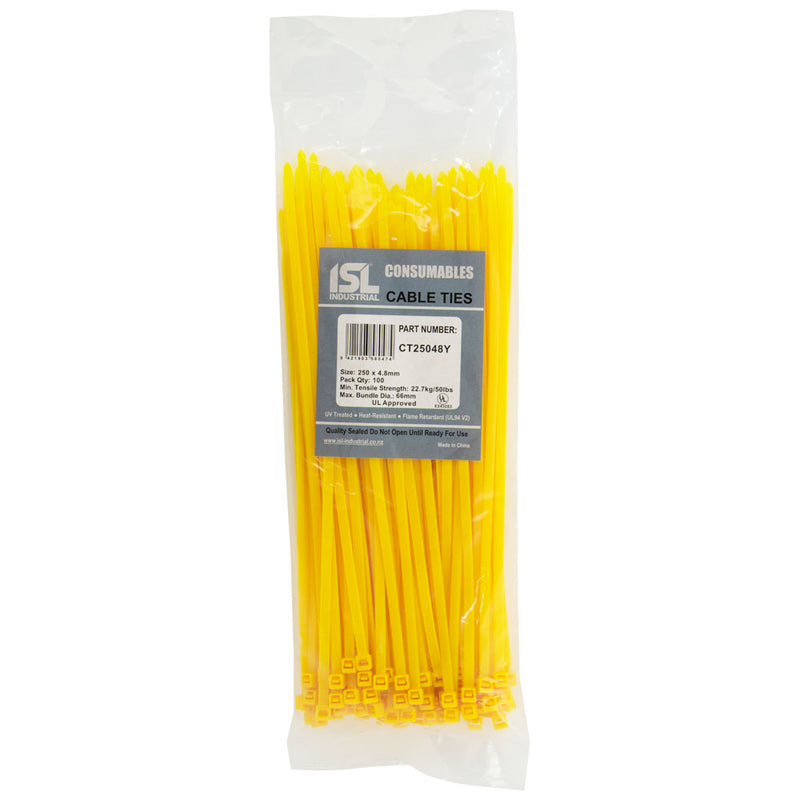 Isl 250 x 4.8mm Nylon Cable Tie - Yellow - 100Pk