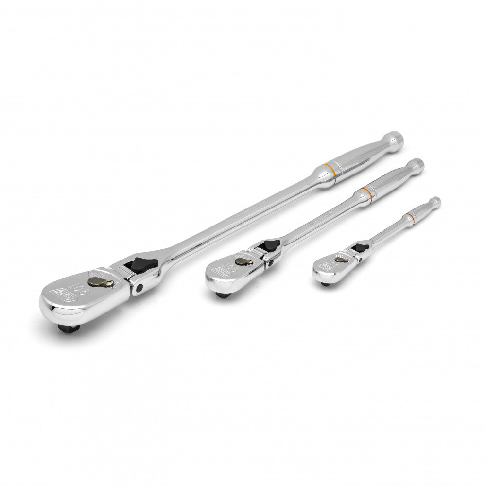 3Pc. 1/4", 3/8" & 1/2" Drive 90T Locking Flex Head Teardrop Ratchet Set