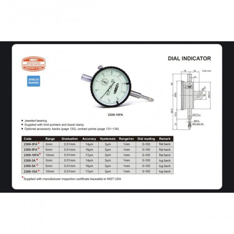 Insize Dial Indicator 10mm Range Lug Back