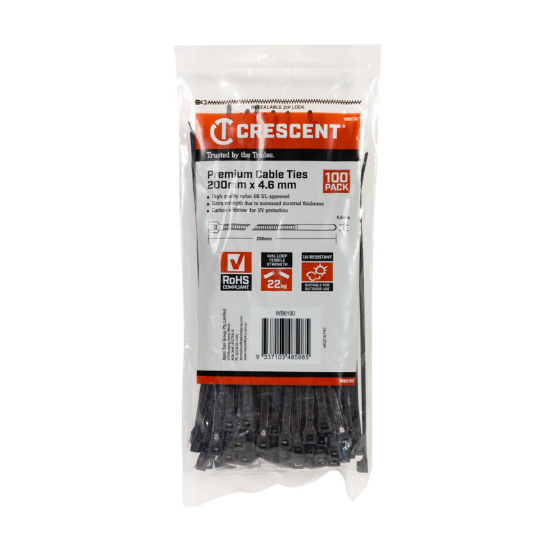 Crescent Cable Ties 200mm x 4.6mm Black 100Pk - WB8100