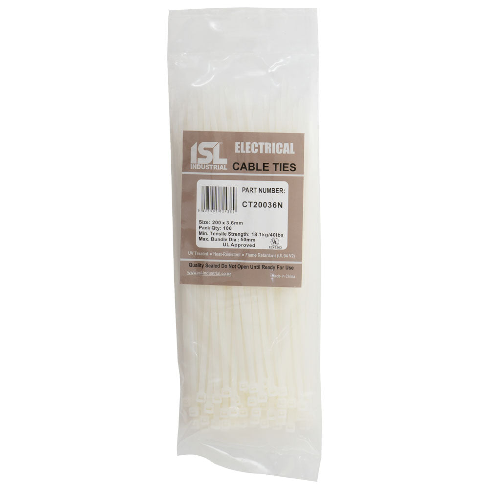 Isl 200 x 3.6mm Nylon Cable Tie - Nat. - 100Pk