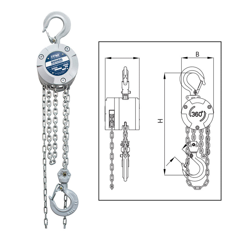 ITM Chain Block, Aluminium 360 Degree, 500Kg, 3M Lift