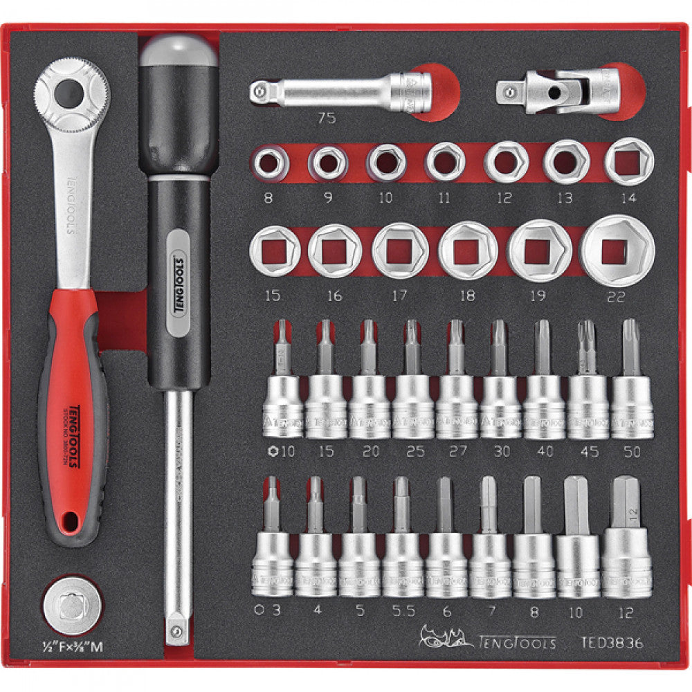 36Pc 3/8in Dr 6-Pnt Std. & Tx/Hex Skt Set 8-22mm