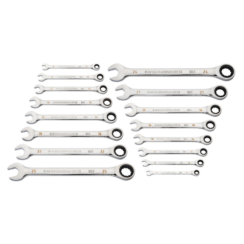 GEARWRENCH 16 PC 90-Tooth 12 Pt Metric Combination Ratcheting Wrench Set - 86928