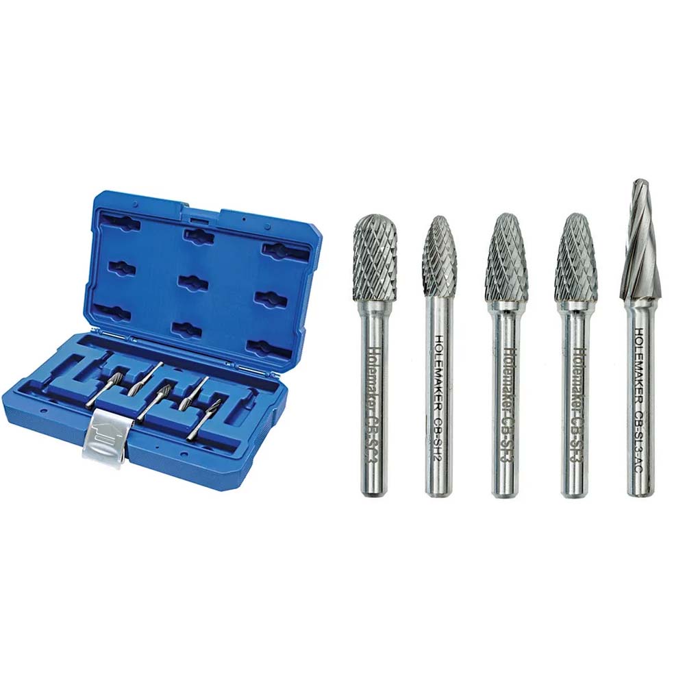 Holemaker 5 Piece Carbide Burr Set - 3/8 & 5/16inch Head X1/4 Inch AC/DC