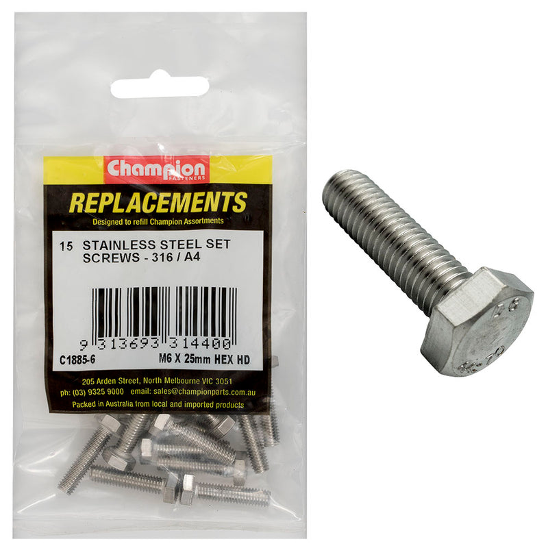 Champion M6 x 25mm Hex Set Screw -316/A4 -15pk