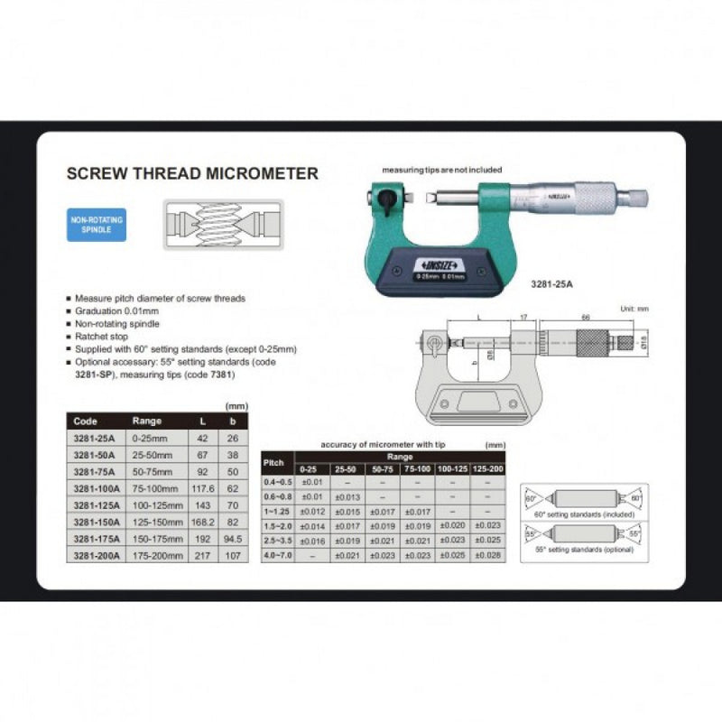 Insize 0-25mm Screw Thread Micrometer