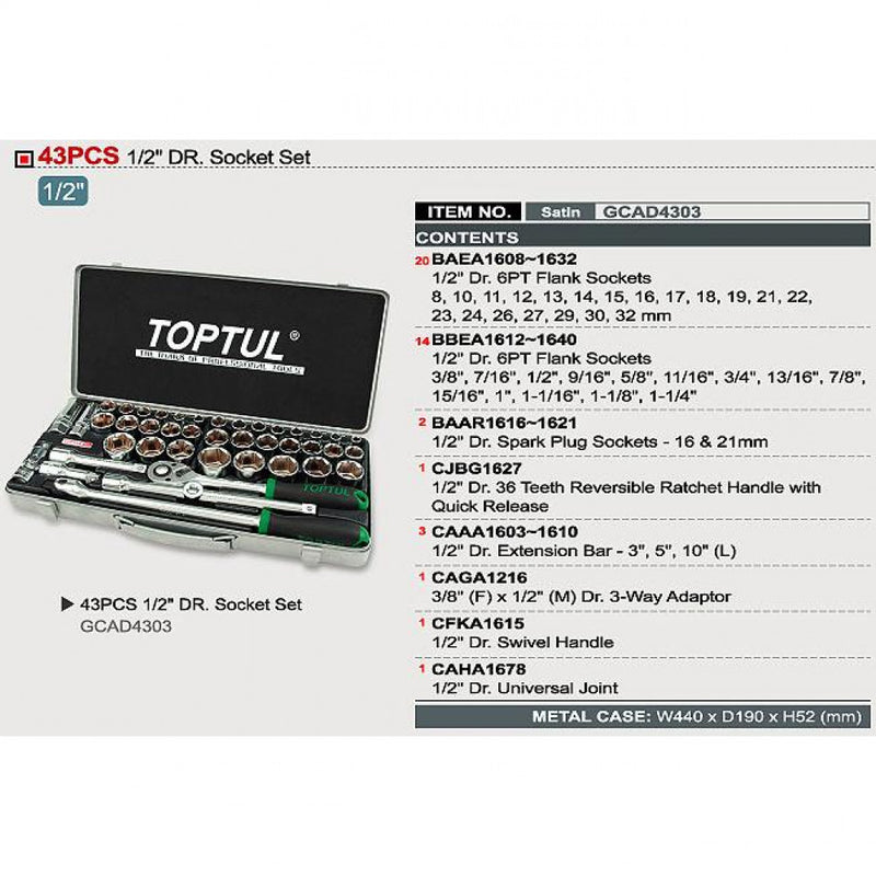 Socket Set 1/2"Dr 43pce 8-32mm 3/8-1-1/4" 16 & 21mm Spark Plug Toptul GCAD4303