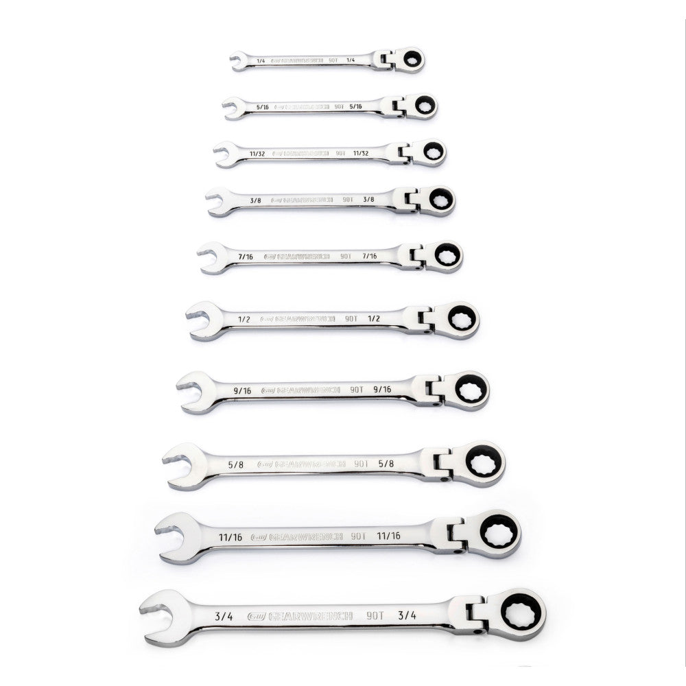 GEARWRENCH 10Pc 90T 12Pt Flex Head Ratcheting Combination SAE Wrench Set