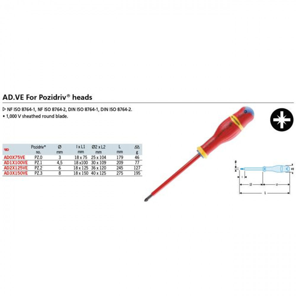Screwdriver PZ ELE 2 x 100mm Facom AD2x125VE 1000 Volt