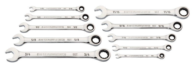 GEARWRENCH 10 PC 90-Tooth 12 PT SAE Combination Ratcheting Wrench Set - 86958