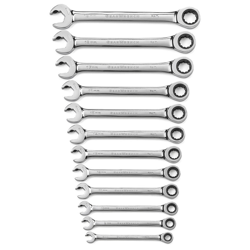 GearWrench Wrench Set Combination Ratcheting Open End Rack MET 12Pc