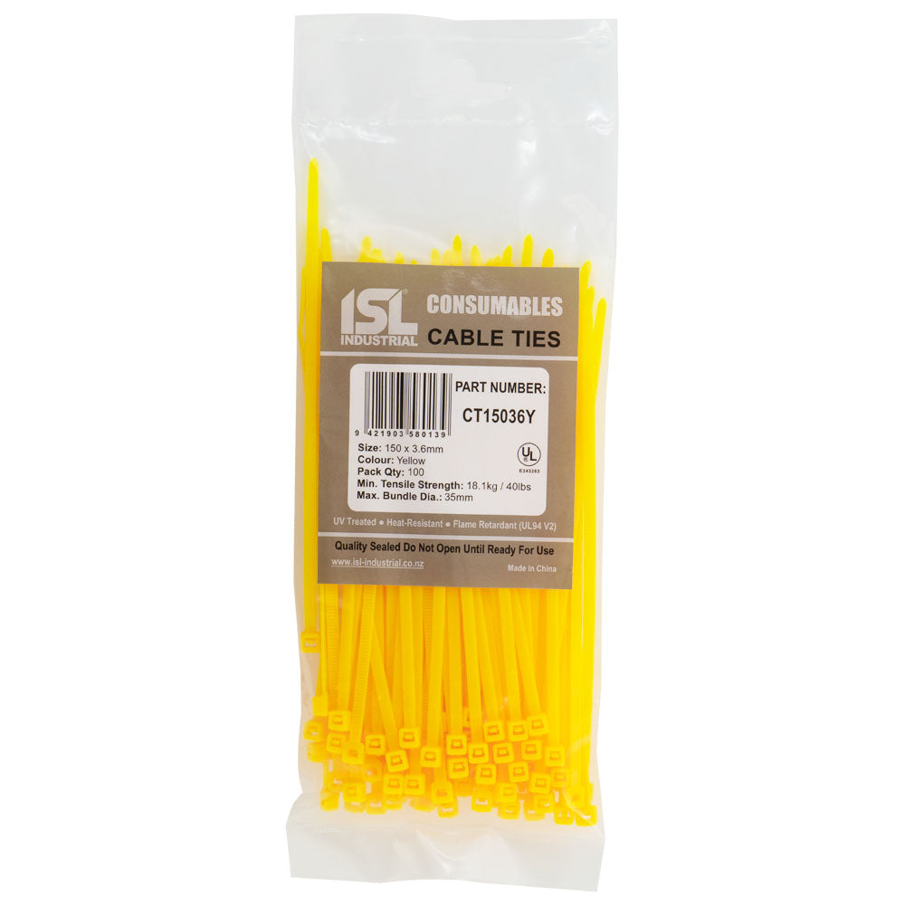 Isl 150 x 3.6mm Nylon Cable Tie - Yellow - 100Pk