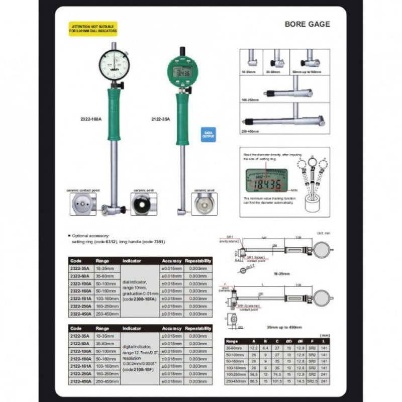 Dial Bore Gauge 50-160mm  x  0.01mm Insize 2322-160A
