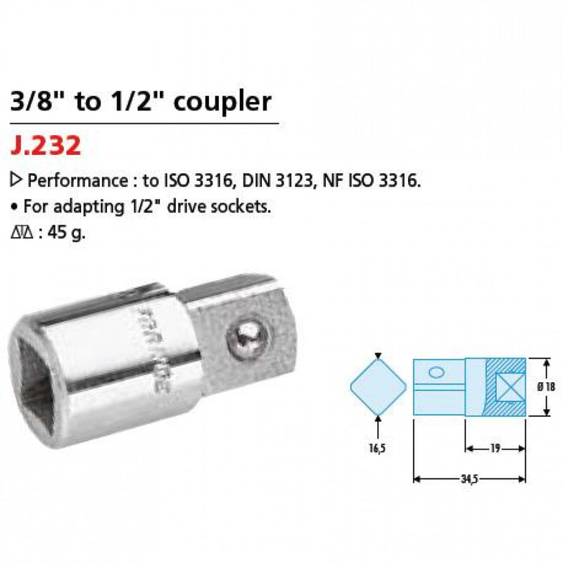 Adaptor Std 3/8"F x 1/2"M Facom J.232 Adaptor