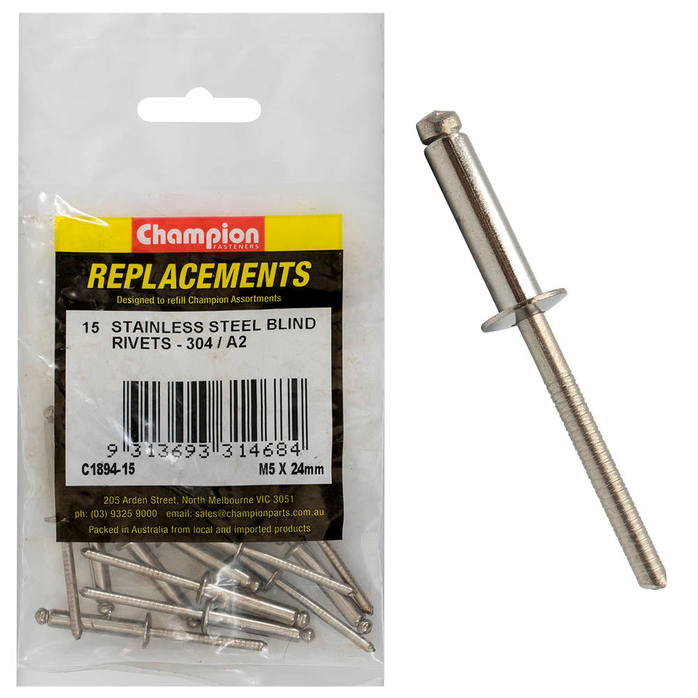 Champion 5.0mm x 24mm Blind Rivet -304/A2 -15 Pack