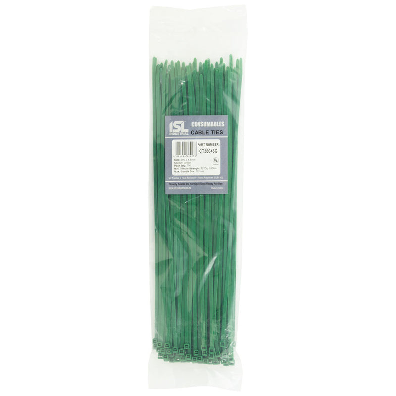 Isl 380 x 4.8mm Nylon Cable Tie - Green - 100Pk