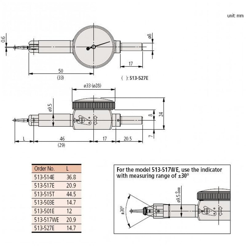 Mitutoyo DTI 0-0.8mm x 0.01mm 29.2mm Dial Diameter Full Set 513-517T