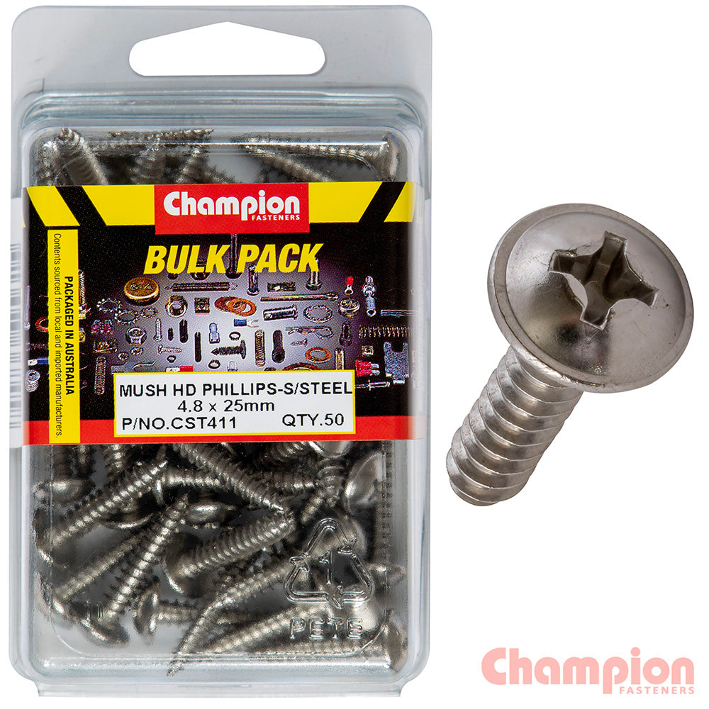 Champion S/Tapping Screws - Mushroom Head - 4.8 x 25mm (50 Pack)