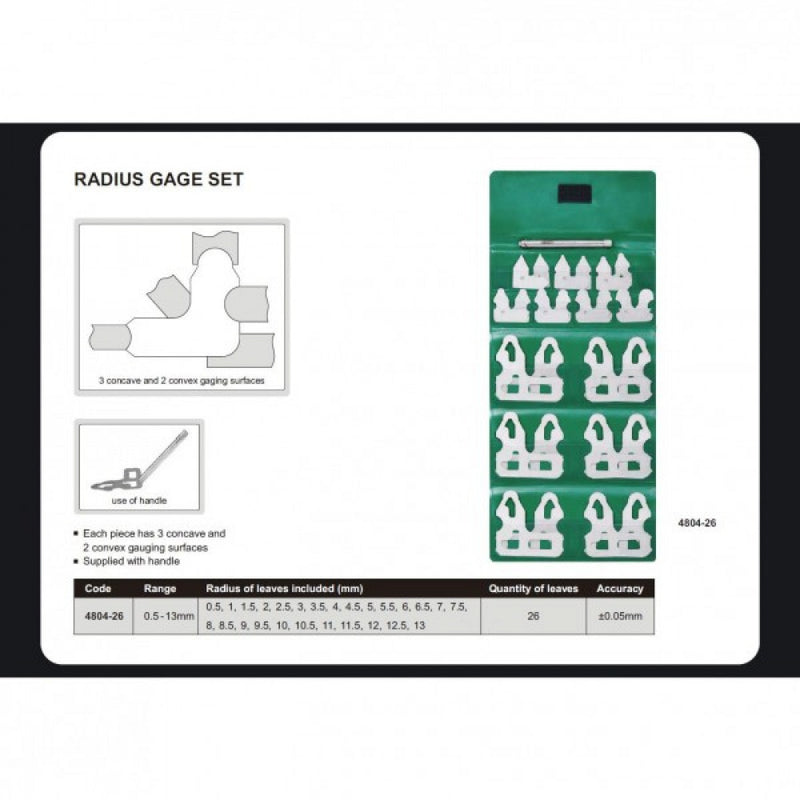 Metric Radius Gauge Set 0.5-13mm x .5mm + Holder Insize 4804-26