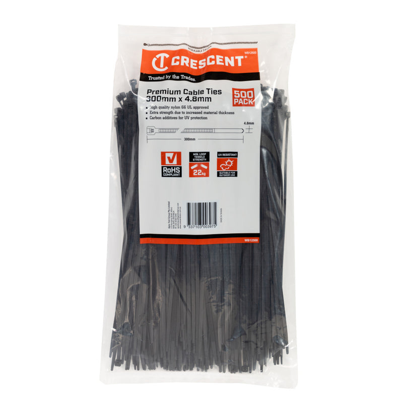 Crescent Cable Ties 300mm x 4.8mm Black 500Pk - WB12500