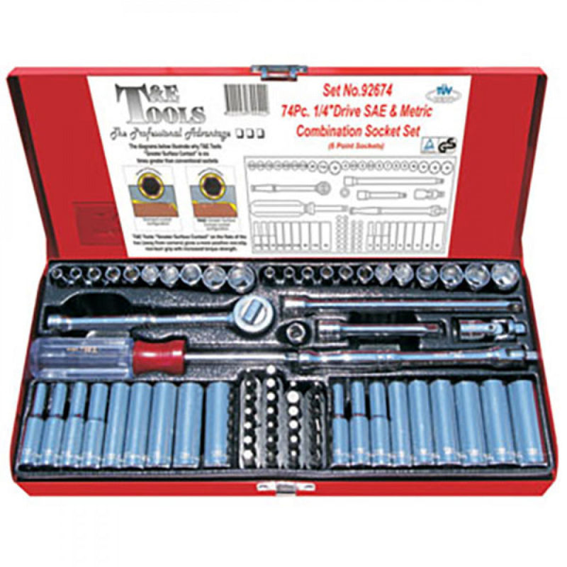 T&E Tools 1/4" Drive 73Pc Mm+AF Std.+Deep 6Pt Socket Set