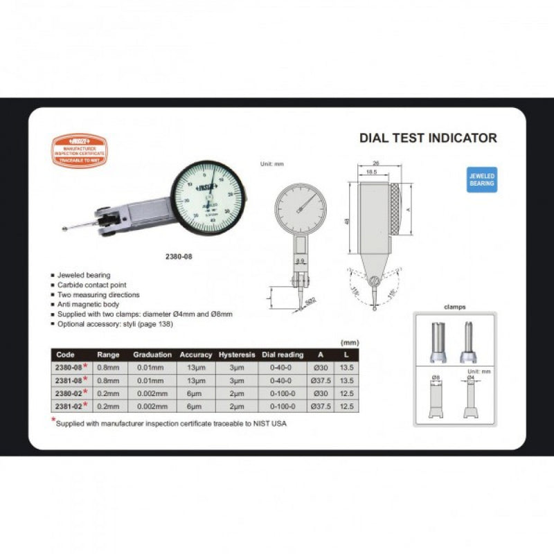 Dial Test Indicator 0.8mm x 0.01mm 37mm Dial Diameter Insize 2381-08