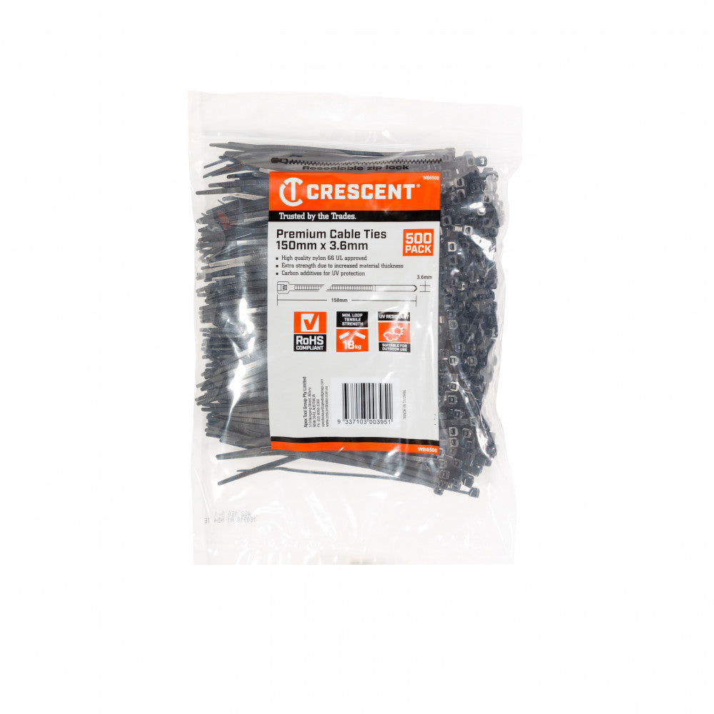 Crescent Cable Ties Black 150mm x 3.6mm 500PK