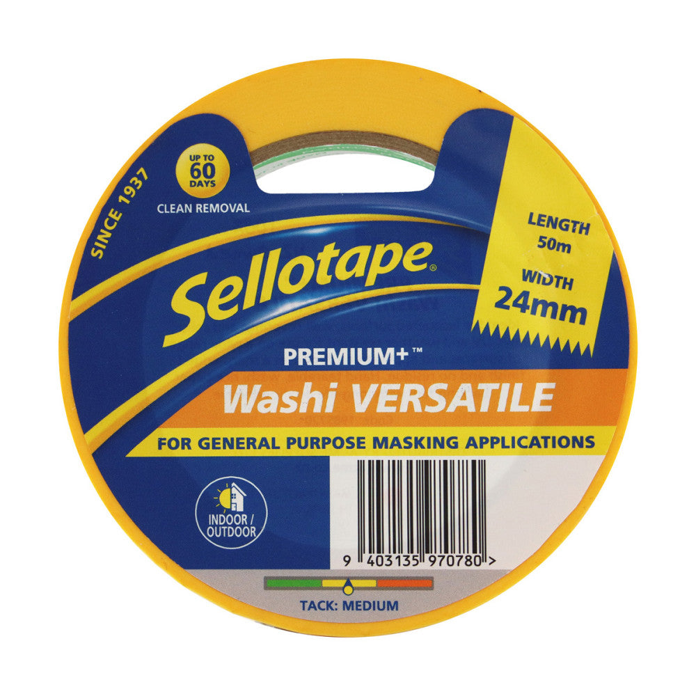 Sellotape Washi Premium+ Versatile Yellow 24mm x 50m Pk 6