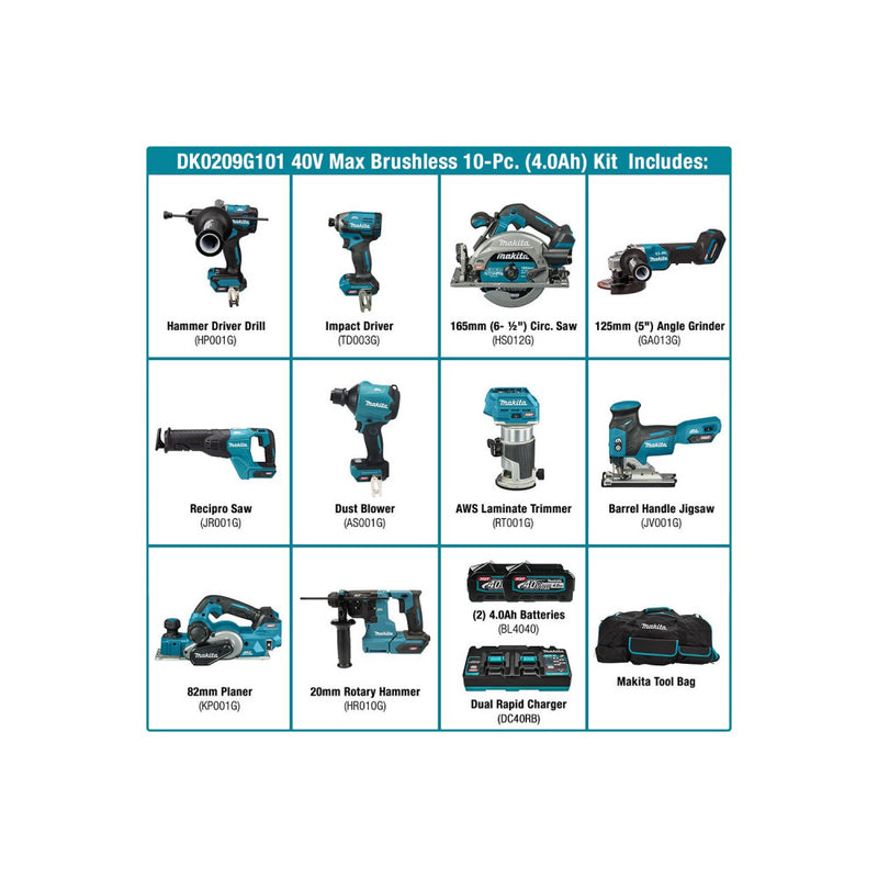 MAKITA 40Vmax Brushless 10-Pc.Combo (4.0Ah) Kit DK0209G101