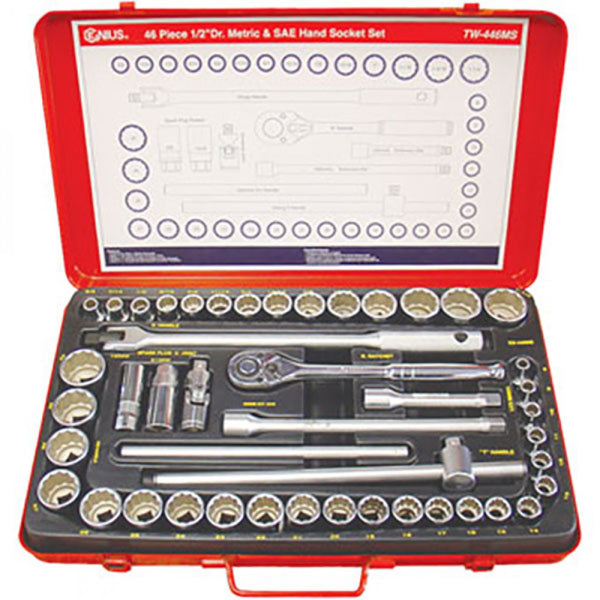 Genius 46Pc 1/2" Drive 12Pt Metric And SAE Hand Socket Set With Acc.