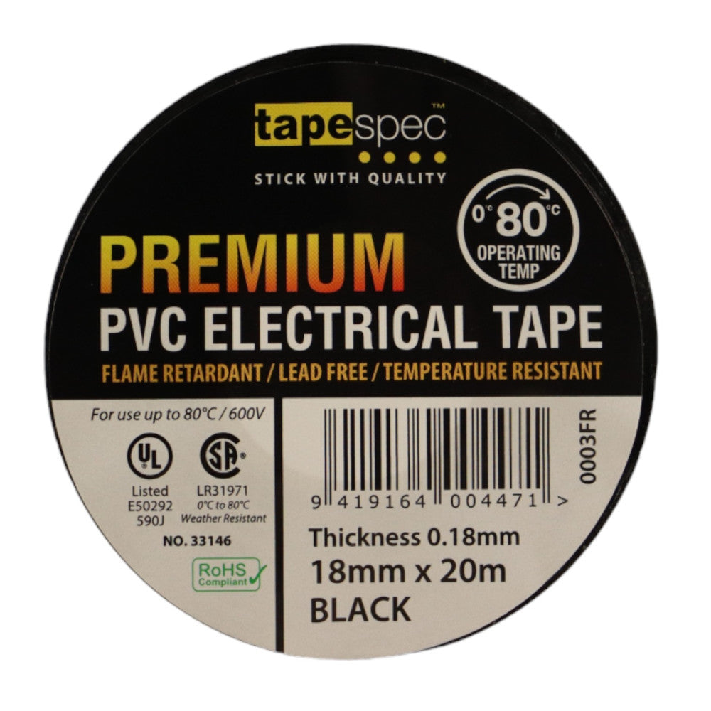 0003FR Black Premium PVC Electrical Tape 18mmx20m - MOQ - 10 Pack