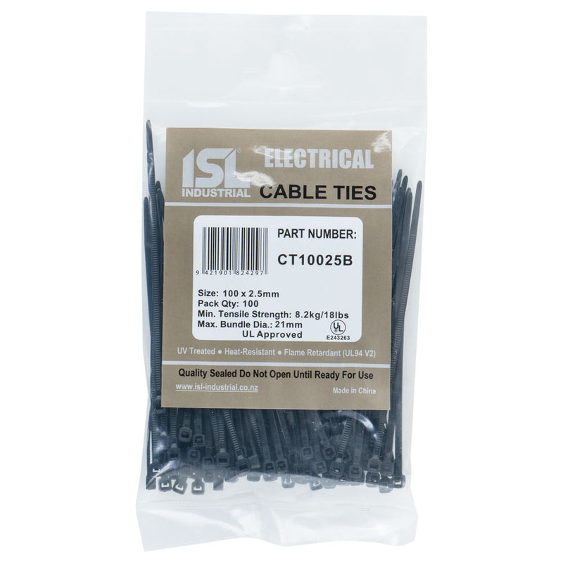 Isl 100 x 2.5mm Uv Nylon Cable Tie - Blk. - 100Pk