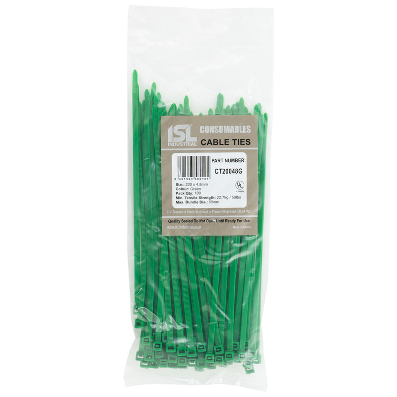 Isl 150 x 3.6mm Nylon Cable Tie - Green - 100Pk