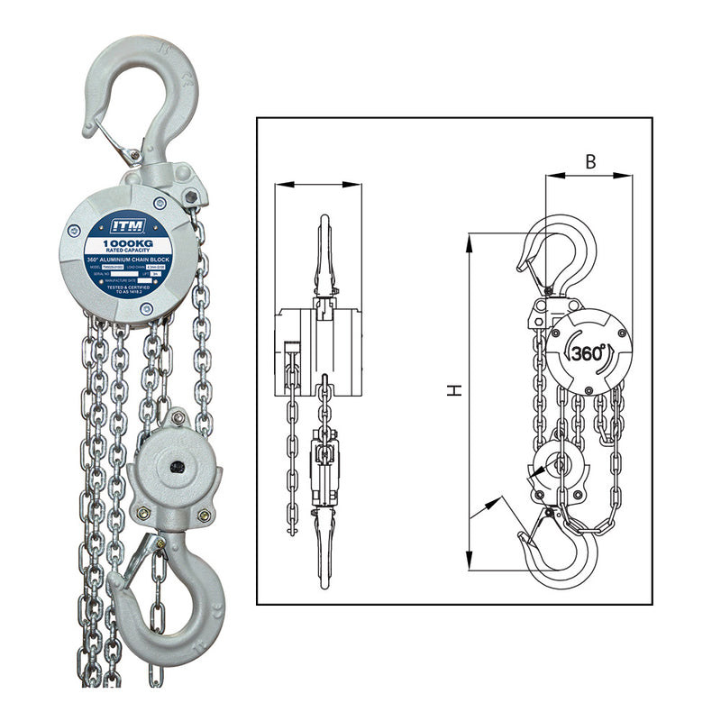 ITM Chain Block, Aluminium 360 Degree, 1000Kg, 3M Lift