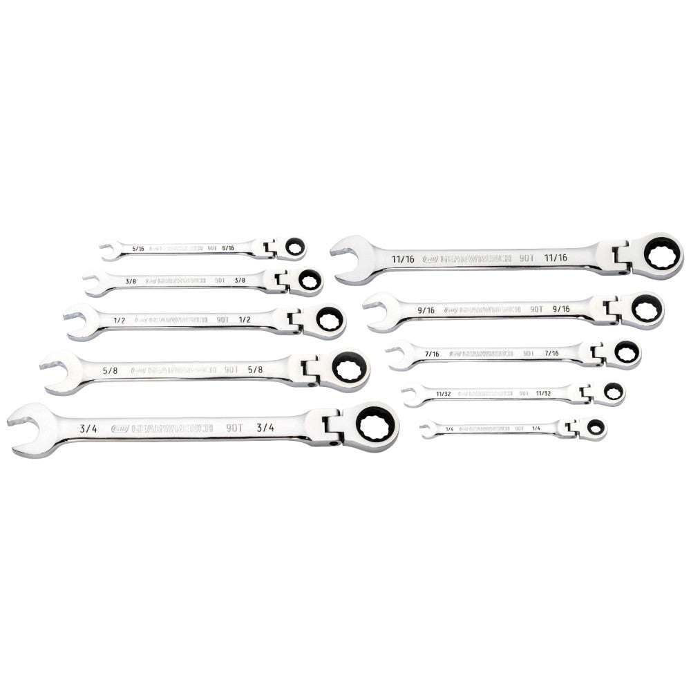 GEARWRENCH 10Pc 90T 12Pt Flex Head Ratcheting Combination SAE Wrench Set