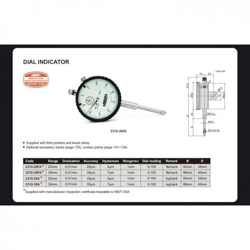 Insize Dial Indicator 30mm Travel Lug Back