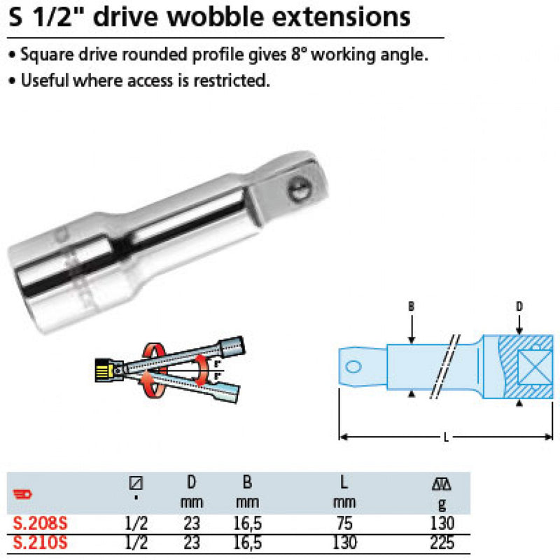 Extension 1/2"Dr x 75mm Wobble Facom S.208S