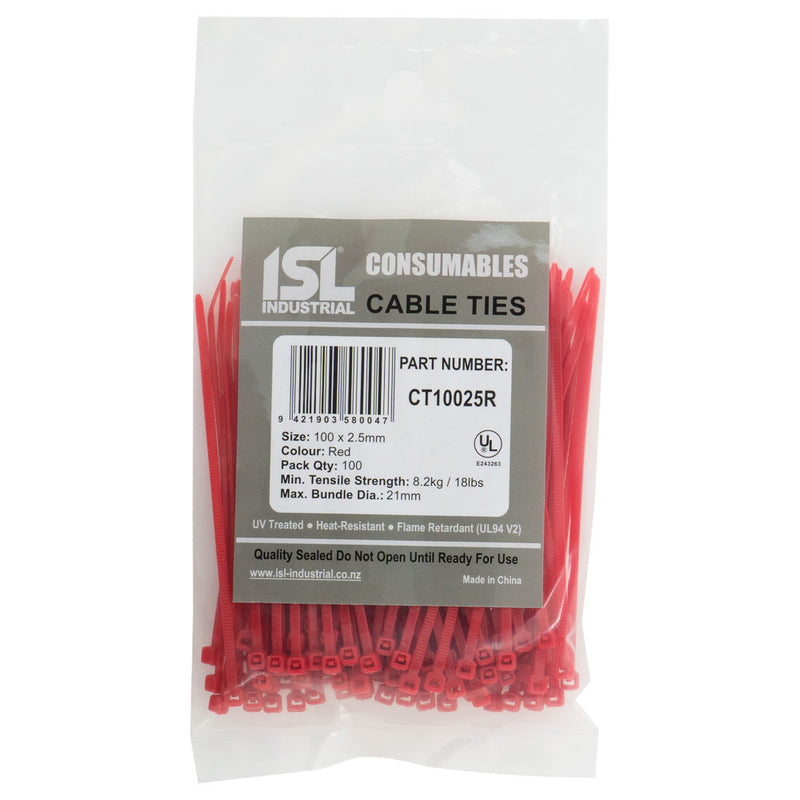 Isl 100 x 2.5mm Nylon Cable Tie - Red - 100Pk