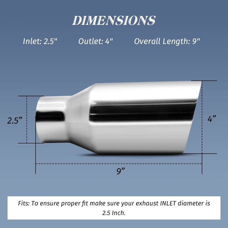 AFTERBURNER Exhaust Tip, Slant Rolled Inlet 2.5", Outlet 4", Overall Length 9"