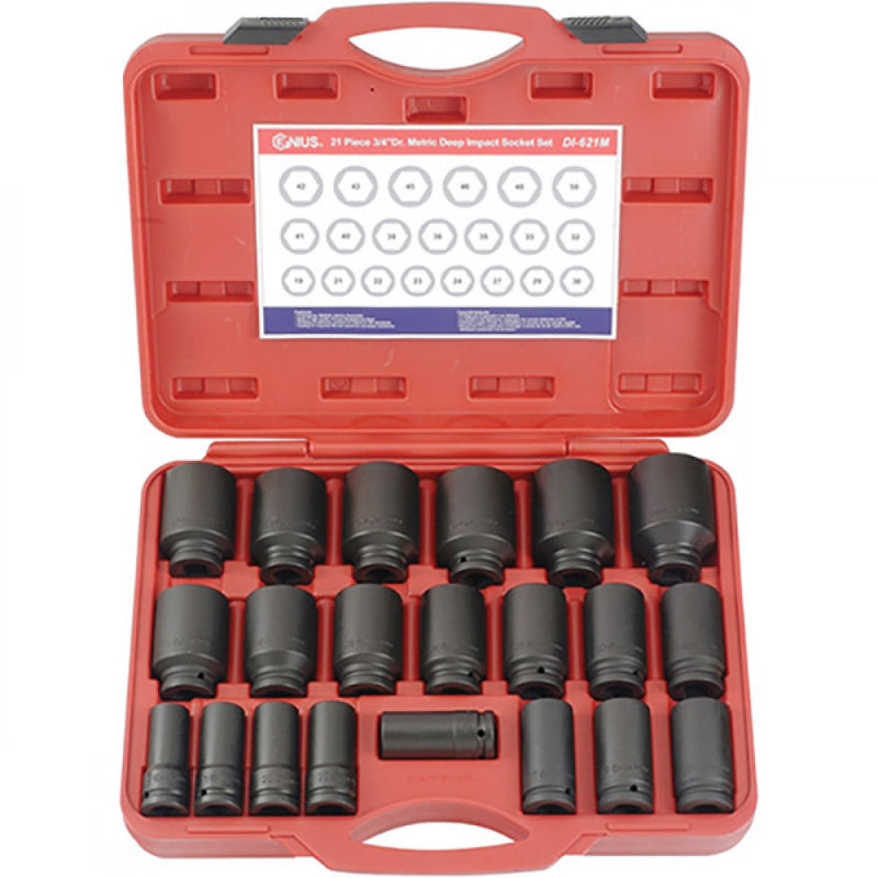 Genius 3/4" Drive 6Pt 21Pc Metric Deep Impact Socket Set