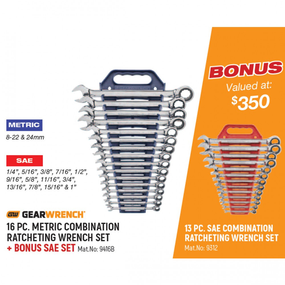 GearWrench 16 Pc. METRIC Combination Ratcheting Wrench Set & BONUS SAE Set